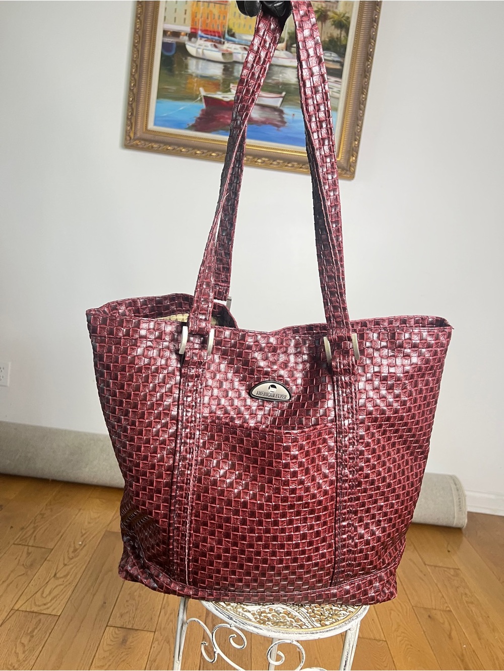 American flyer Woven Tote Bag - Burgundy
